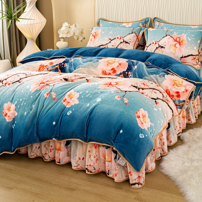 91家纺网 家纺一手货源 找家纺 念家居 2025新款高克重牛奶绒四件套保暖四件套直播爆款电商爆款 花开山间