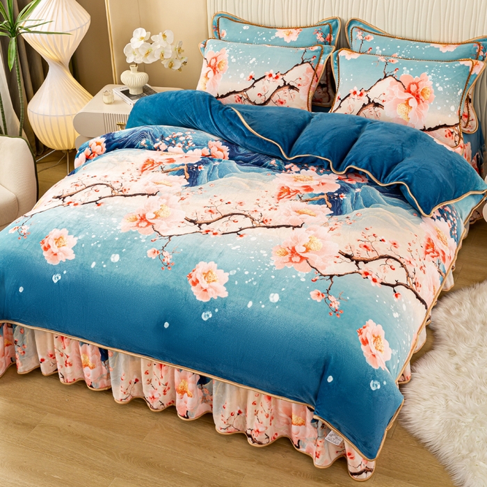 91家纺网 家纺一手货源 找家纺 念家居 2025新款高克重牛奶绒四件套保暖四件套直播爆款电商爆款 花开山间