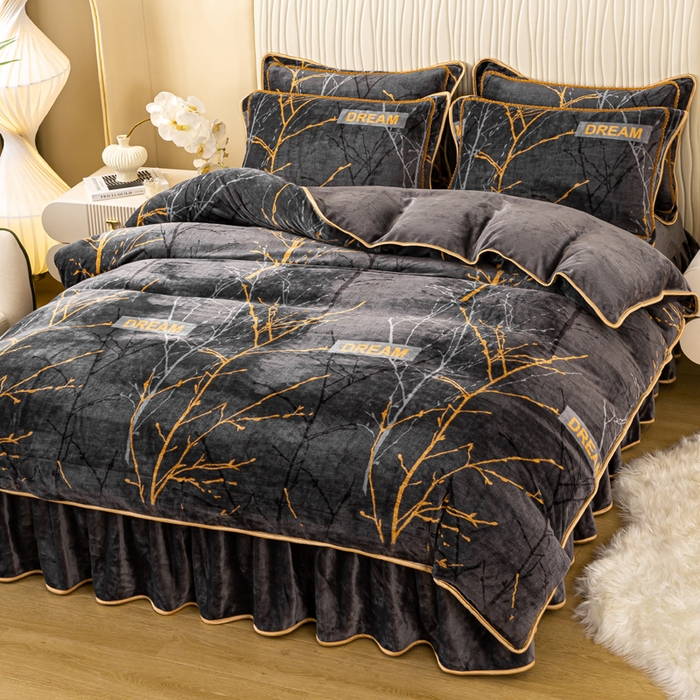 91家纺网 家纺一手货源 找家纺 念家居 2025新款高克重牛奶绒四件套保暖四件套直播爆款电商爆款 灰调枝影