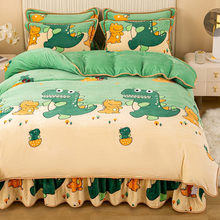 91家纺网 家纺一手货源 找家纺 念家居 2025新款高克重牛奶绒四件套保暖四件套直播爆款电商爆款 开心小恐龙