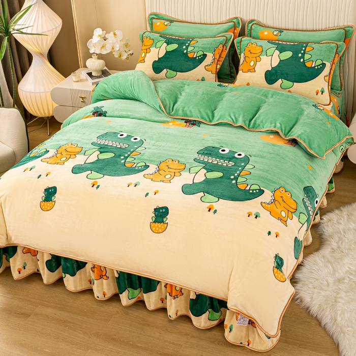 91家纺网 家纺一手货源 找家纺 念家居 2025新款高克重牛奶绒四件套保暖四件套直播爆款电商爆款 开心小恐龙