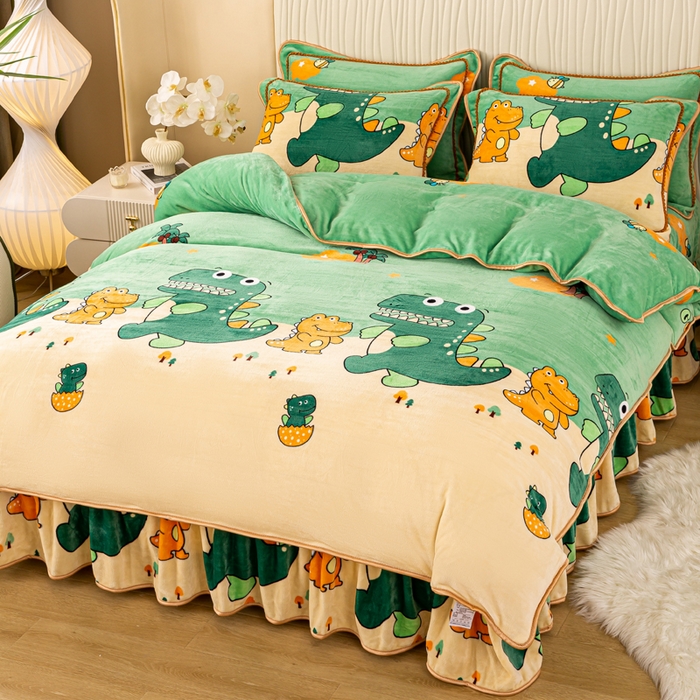 91家纺网 家纺一手货源 找家纺 念家居 2025新款高克重牛奶绒四件套保暖四件套直播爆款电商爆款 开心小恐龙