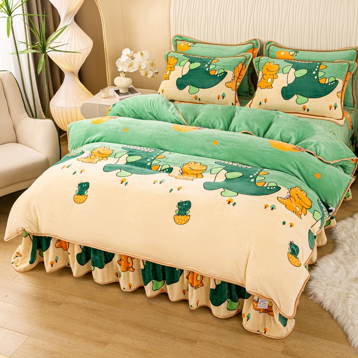 91家纺网 家纺一手货源 找家纺 念家居 2025新款高克重牛奶绒四件套保暖四件套直播爆款电商爆款 开心小恐龙