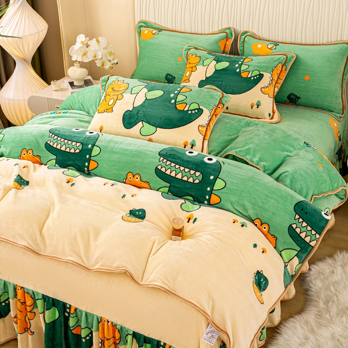 91家纺网 家纺一手货源 找家纺 念家居 2025新款高克重牛奶绒四件套保暖四件套直播爆款电商爆款 开心小恐龙