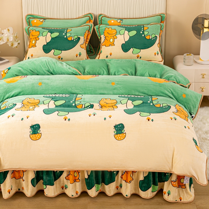 91家纺网 家纺一手货源 找家纺 念家居 2025新款高克重牛奶绒四件套保暖四件套直播爆款电商爆款 开心小恐龙