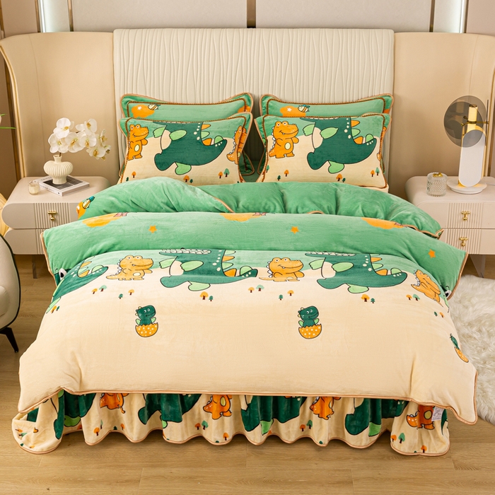 91家纺网 家纺一手货源 找家纺 念家居 2025新款高克重牛奶绒四件套保暖四件套直播爆款电商爆款 开心小恐龙