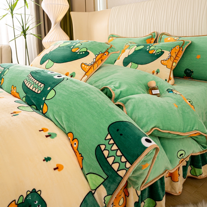 91家纺网 家纺一手货源 找家纺 念家居 2025新款高克重牛奶绒四件套保暖四件套直播爆款电商爆款 开心小恐龙