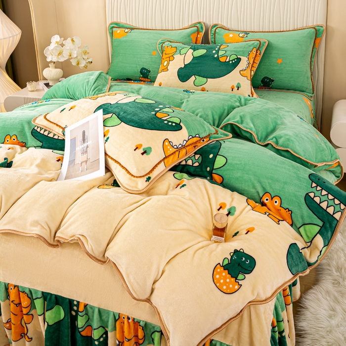 91家纺网 家纺一手货源 找家纺 念家居 2025新款高克重牛奶绒四件套保暖四件套直播爆款电商爆款 开心小恐龙