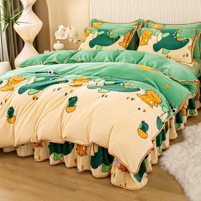 91家纺网 家纺一手货源 找家纺 念家居 2025新款高克重牛奶绒四件套保暖四件套直播爆款电商爆款 开心小恐龙