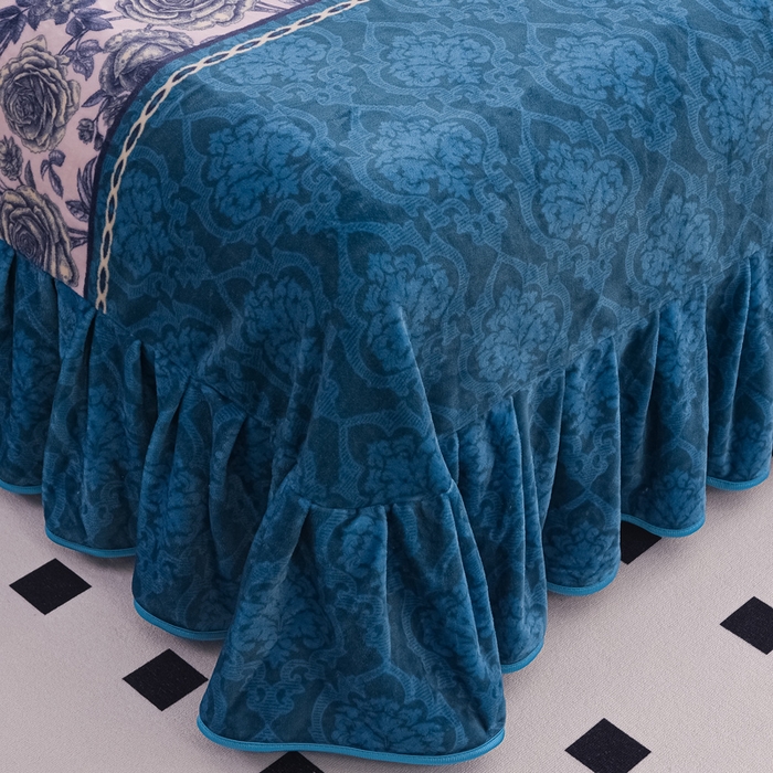 91家纺网 家纺一手货源 找家纺 首选家纺 2025新款加厚保暖牛奶绒金貂绒法莱绒床裙款四件套香格里拉-蓝