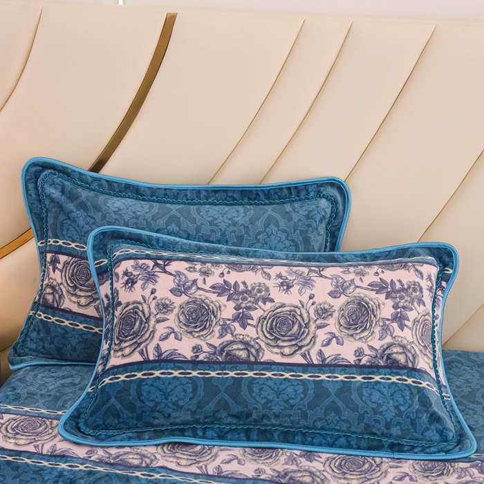 91家纺网 家纺一手货源 找家纺 首选家纺 2025新款加厚保暖牛奶绒金貂绒法莱绒床裙款四件套香格里拉-蓝