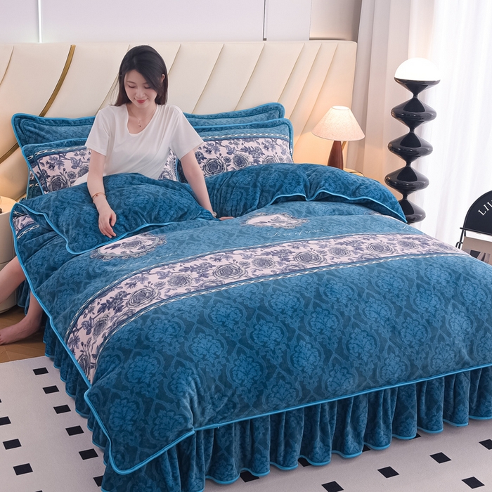 首选家纺 2025新款加厚保暖牛奶绒金貂绒法莱绒床裙款四件套香格里拉-蓝