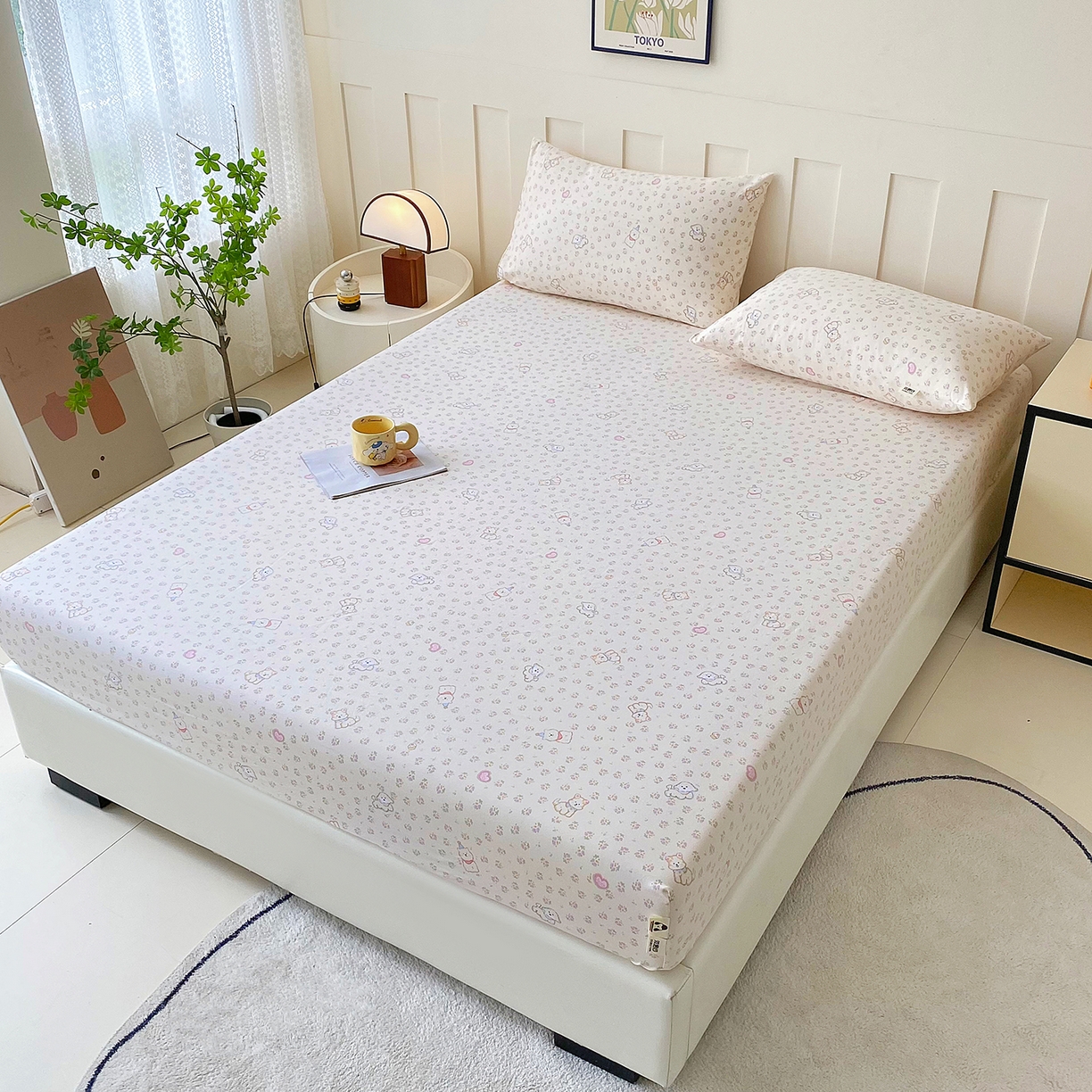 91家纺网 家纺一手货源 找家纺 首爱家纺 2025新款木棉双层纱印花床笠 萌宠派对