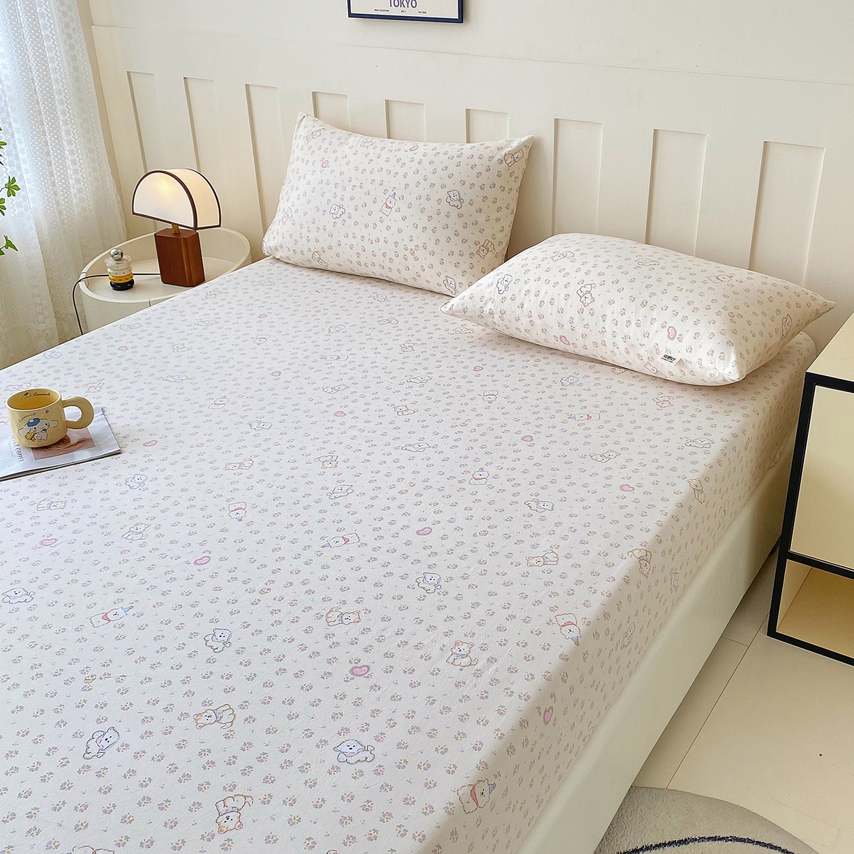 91家纺网 家纺一手货源 找家纺 首爱家纺 2025新款木棉双层纱印花床笠 萌宠派对