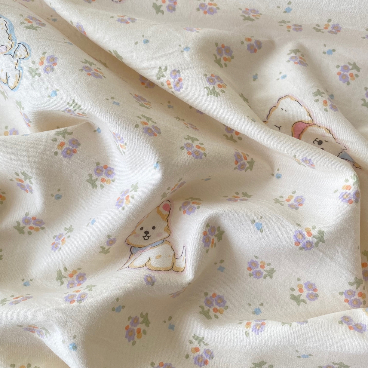 91家纺网 家纺一手货源 找家纺 首爱家纺 2025新款木棉双层纱印花床笠 萌宠派对