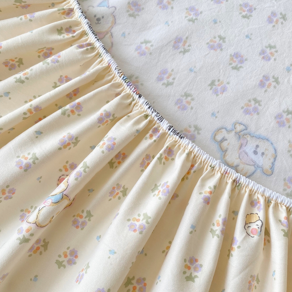 91家纺网 家纺一手货源 找家纺 首爱家纺 2025新款木棉双层纱印花床笠 萌宠派对