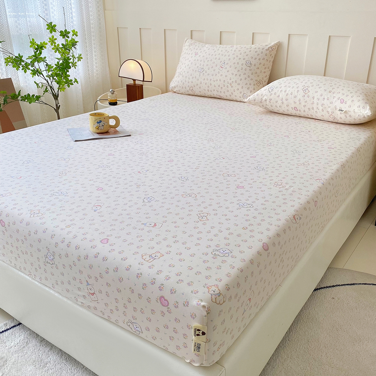 91家纺网 家纺一手货源 找家纺 棉乐町家居 2025新款木棉双层纱印花床笠 萌宠派对