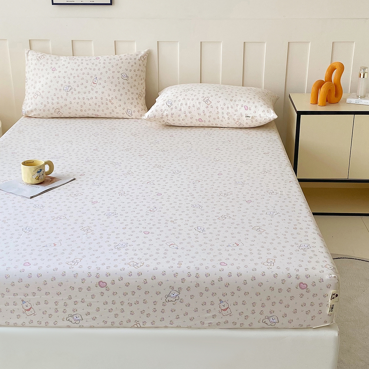 91家纺网 家纺一手货源 找家纺 棉乐町家居 2025新款木棉双层纱印花床笠 萌宠派对