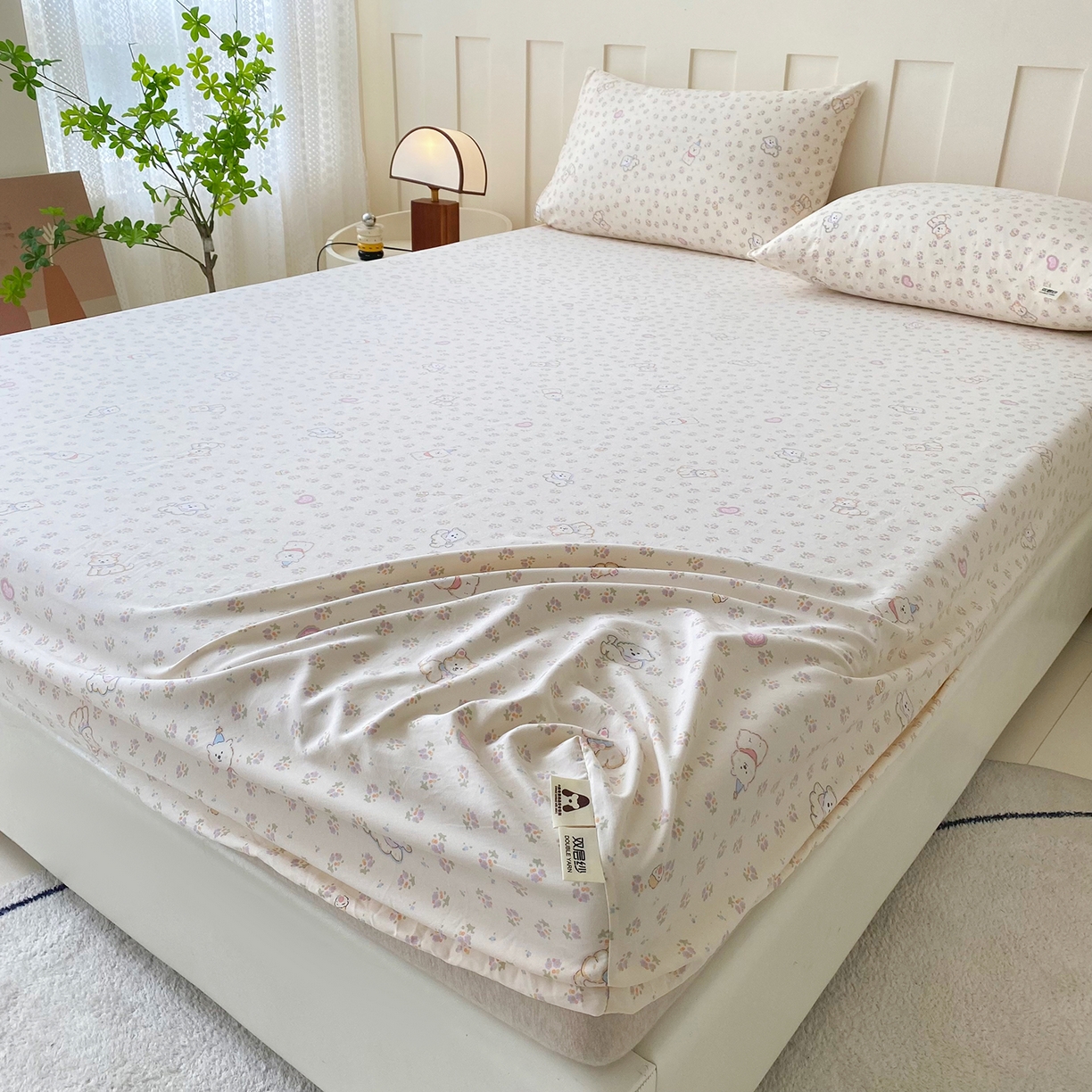 91家纺网 家纺一手货源 找家纺 棉乐町家居 2025新款木棉双层纱印花床笠 萌宠派对