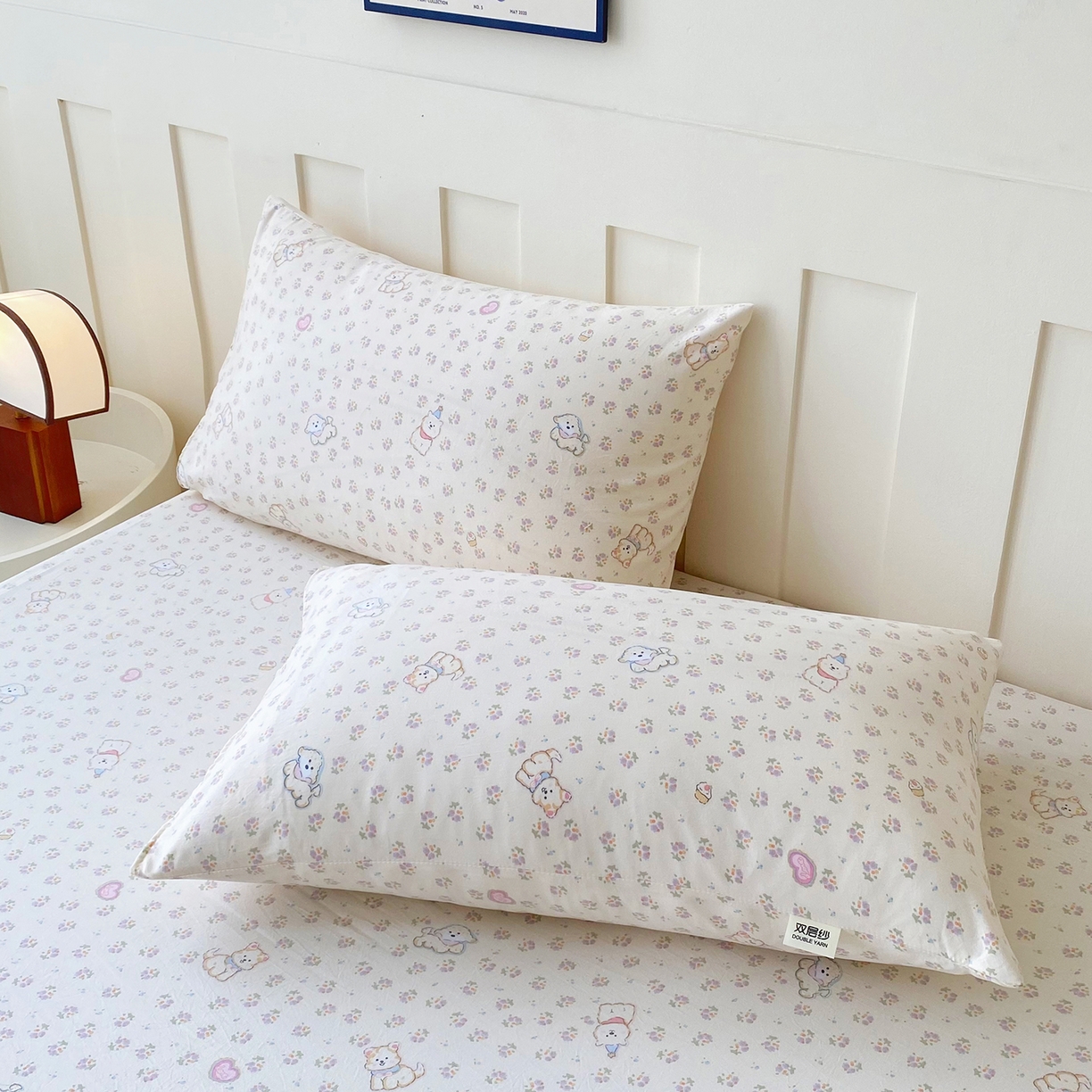 91家纺网 家纺一手货源 找家纺 棉乐町家居 2025新款木棉双层纱印花床笠 萌宠派对