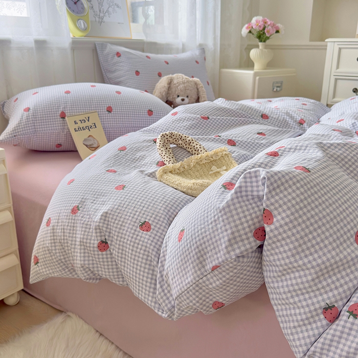 好亿来家纺 2025新款加厚A类云感双层纱四件套 草莓啵啵-灰