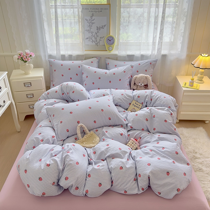 91家纺网 家纺一手货源 找家纺 好亿来家纺 2025新款加厚A类云感双层纱四件套 草莓啵啵-灰