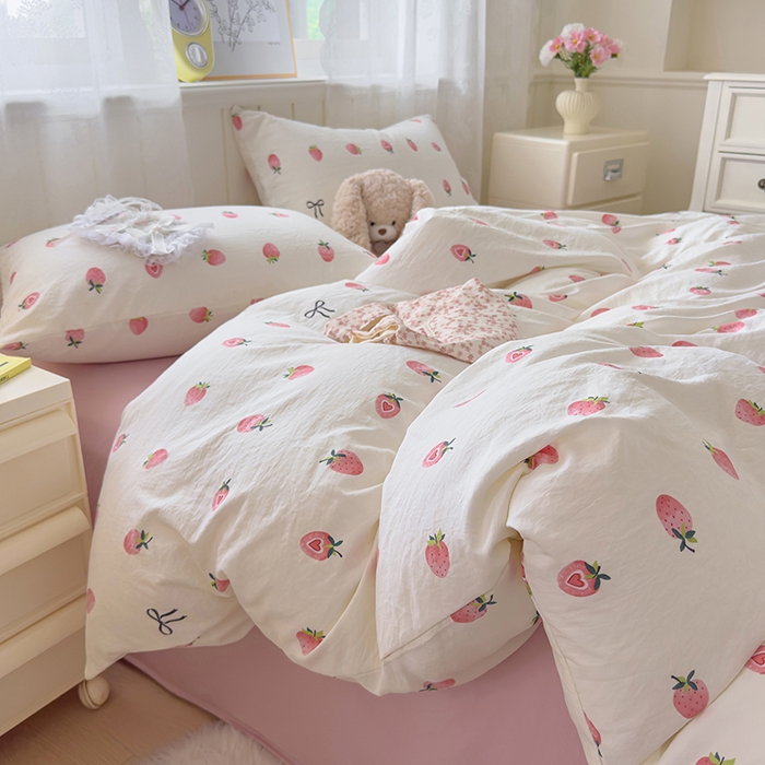 好亿来家纺 2025新款加厚A类云感双层纱四件套 草莓果