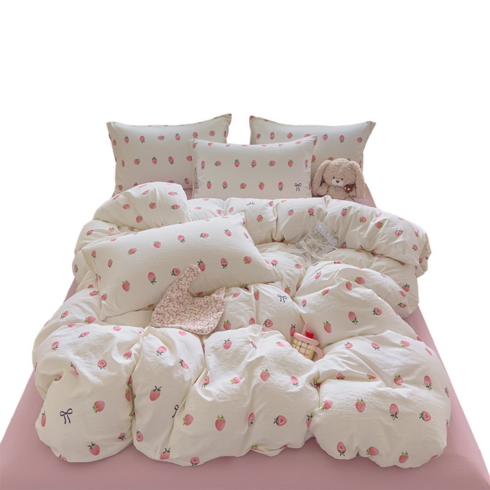 91家纺网 家纺一手货源 找家纺 好亿来家纺 2025新款加厚A类云感双层纱四件套 草莓果