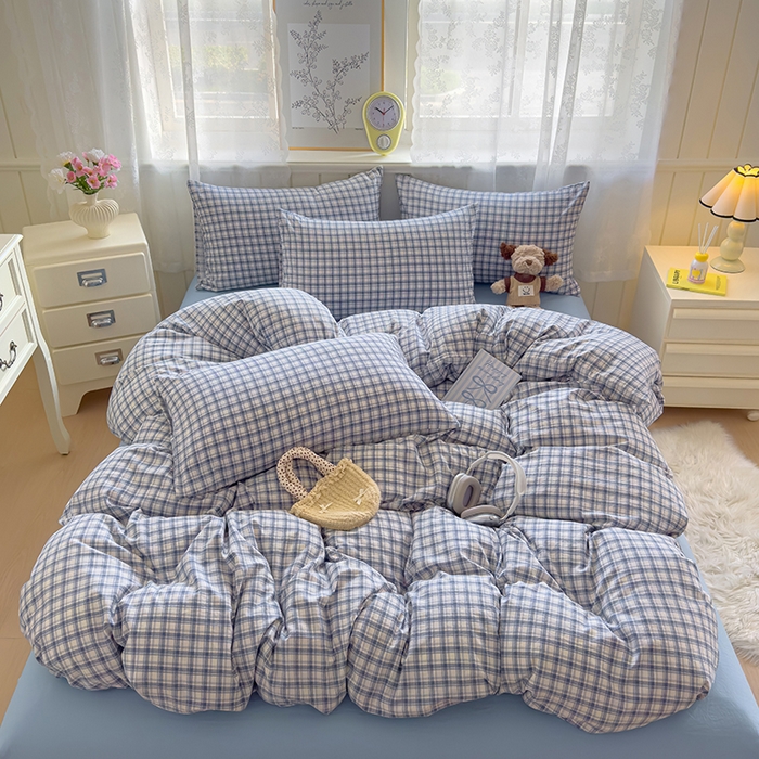 91家纺网 家纺一手货源 找家纺 好亿来家纺 2025新款加厚A类云感双层纱四件套 麦斯-蓝