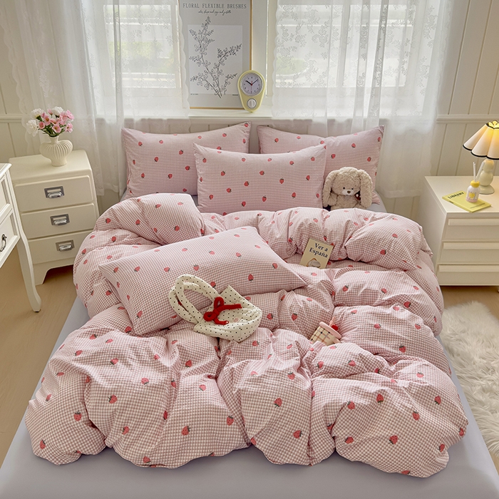 91家纺网 家纺一手货源 找家纺 好亿来家纺 2025新款加厚A类云感双层纱单品被套 被套单件 草莓啵啵-粉