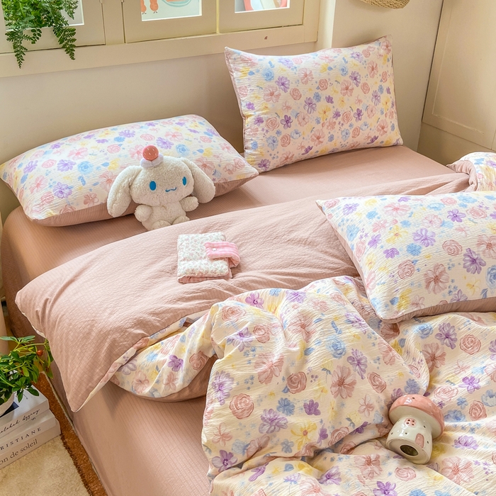 91家纺网 家纺一手货源 找家纺 夜笙家纺 2025秋冬网红爆款110克水洗棉高克重皱皱纱（提供买家秀） 花海-粉