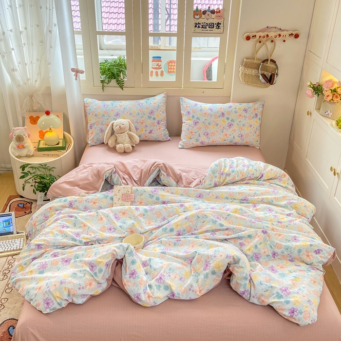 91家纺网 家纺一手货源 找家纺 夜笙家纺 2025秋冬网红爆款110克水洗棉高克重皱皱纱（提供买家秀） 花海-蓝