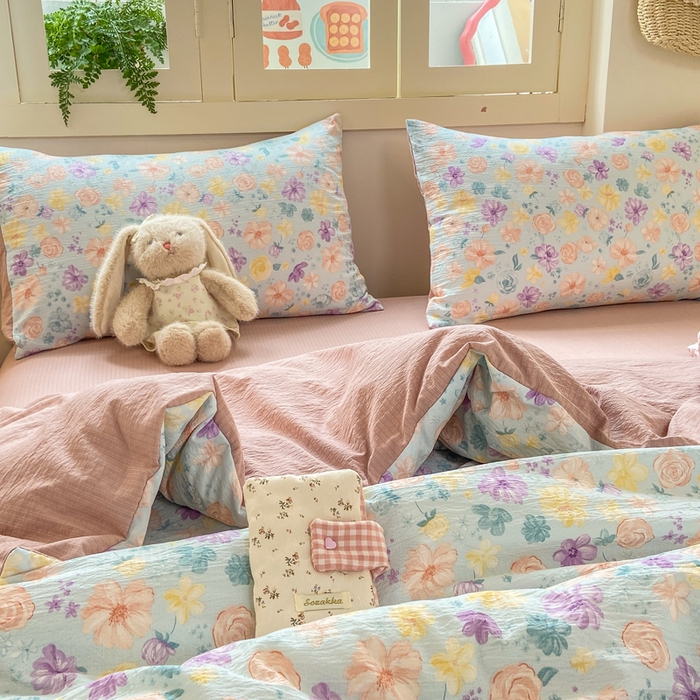 91家纺网 家纺一手货源 找家纺 夜笙家纺 2025秋冬网红爆款110克水洗棉高克重皱皱纱（提供买家秀） 花海-蓝