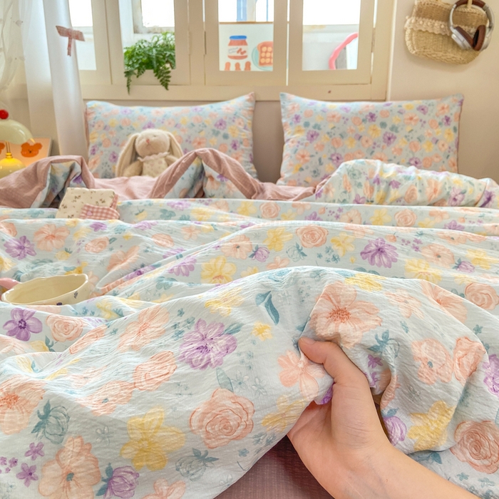 91家纺网 家纺一手货源 找家纺 夜笙家纺 2025秋冬网红爆款110克水洗棉高克重皱皱纱（提供买家秀） 花海-蓝