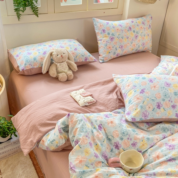 91家纺网 家纺一手货源 找家纺 夜笙家纺 2025秋冬网红爆款110克水洗棉高克重皱皱纱（提供买家秀） 花海-蓝