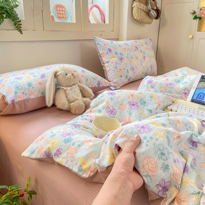 91家纺网 家纺一手货源 找家纺 夜笙家纺 2025秋冬网红爆款110克水洗棉高克重皱皱纱（提供买家秀） 花海-蓝