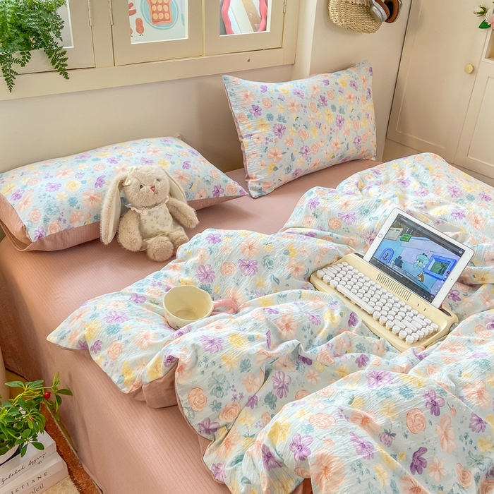 91家纺网 家纺一手货源 找家纺 夜笙家纺 2025秋冬网红爆款110克水洗棉高克重皱皱纱（提供买家秀） 花海-蓝