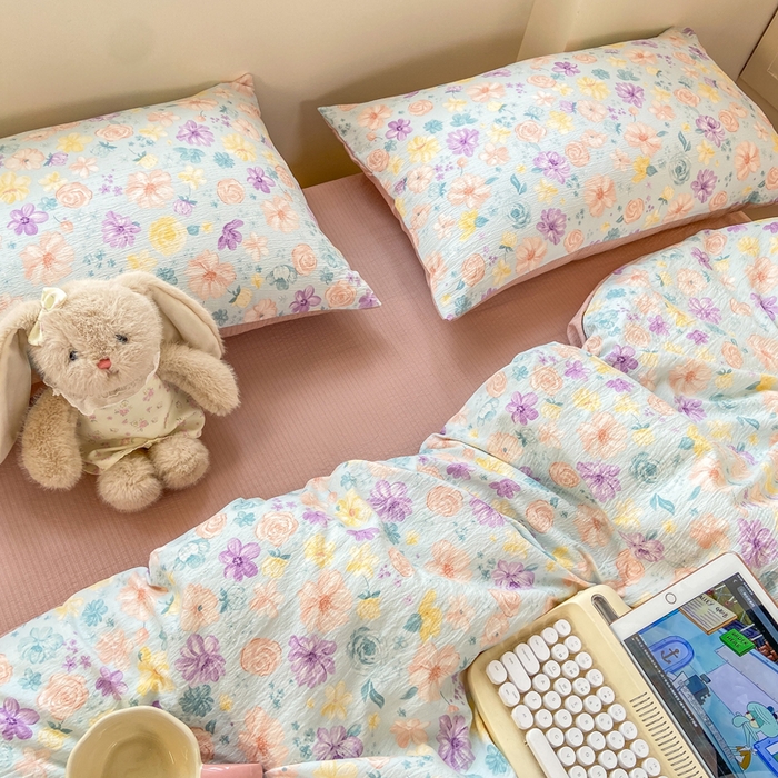 91家纺网 家纺一手货源 找家纺 夜笙家纺 2025秋冬网红爆款110克水洗棉高克重皱皱纱（提供买家秀） 花海-蓝