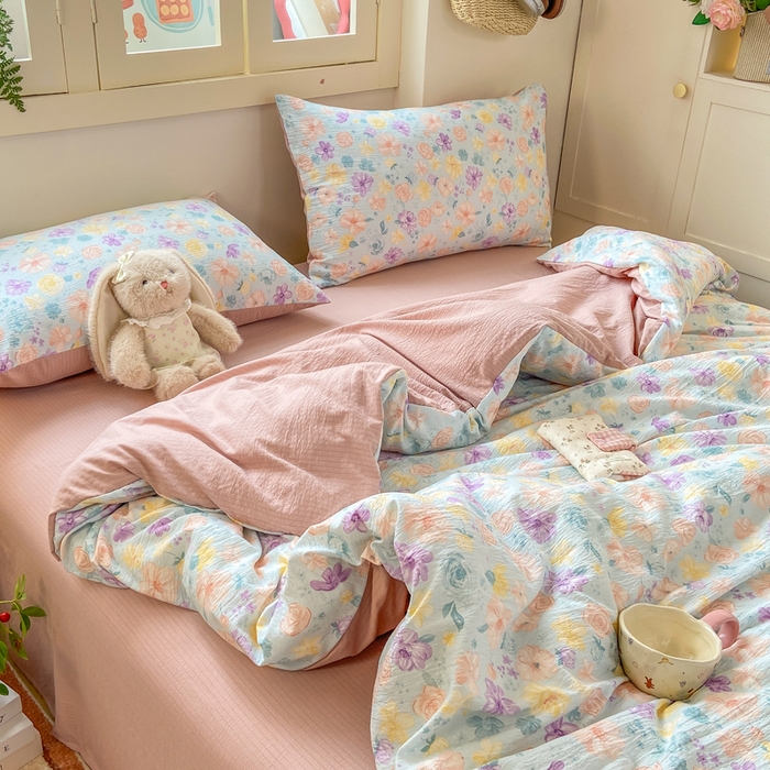 91家纺网 家纺一手货源 找家纺 夜笙家纺 2025秋冬网红爆款110克水洗棉高克重皱皱纱（提供买家秀） 花海-蓝