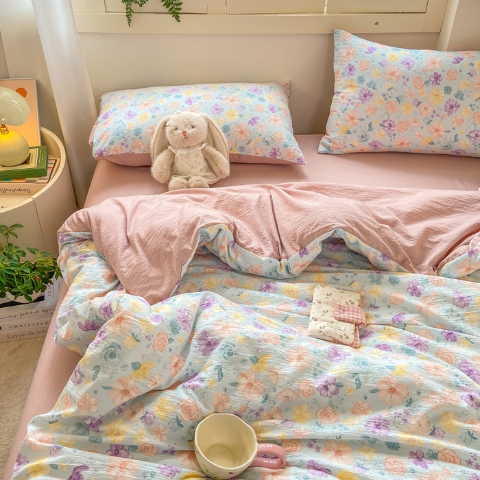 91家纺网 家纺一手货源 找家纺 夜笙家纺 2025秋冬网红爆款110克水洗棉高克重皱皱纱（提供买家秀） 花海-蓝