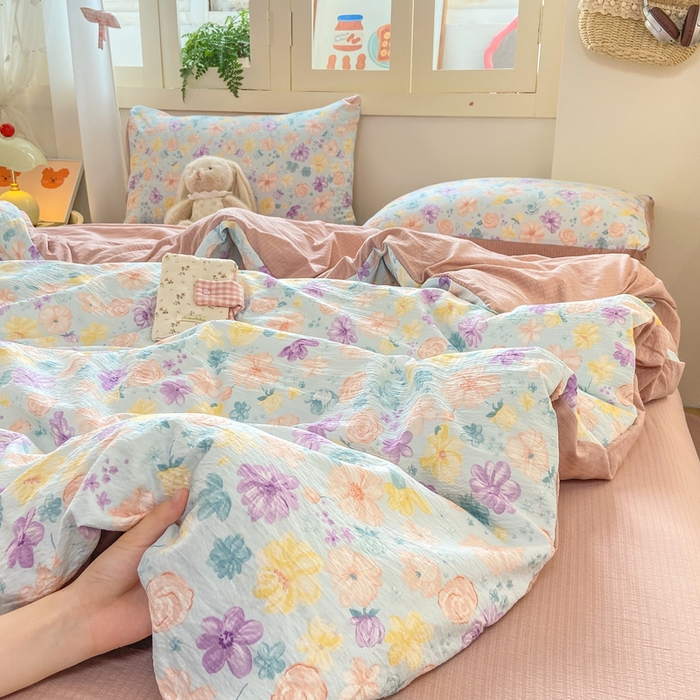 91家纺网 家纺一手货源 找家纺 夜笙家纺 2025秋冬网红爆款110克水洗棉高克重皱皱纱（提供买家秀） 花海-蓝