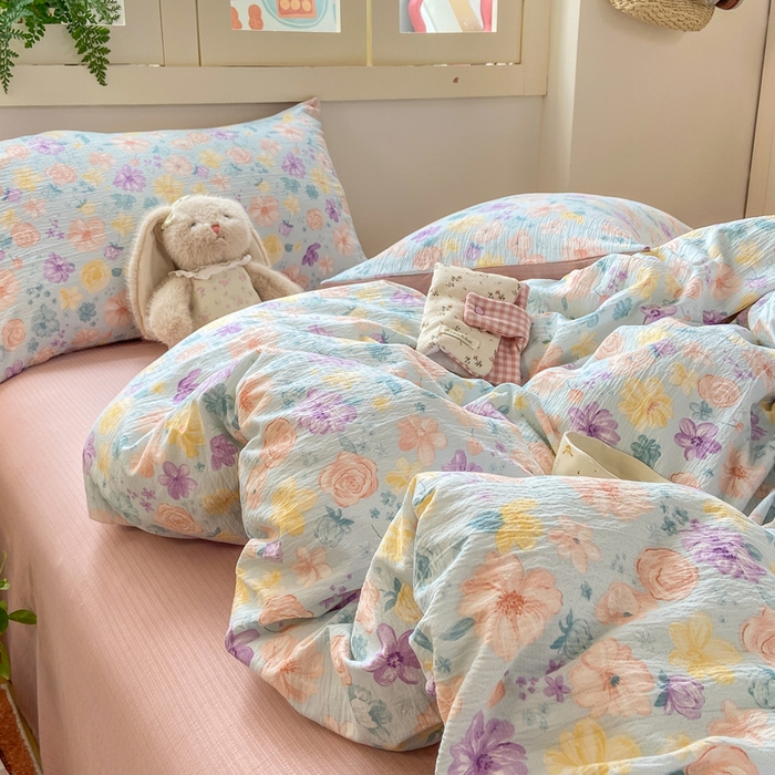 91家纺网 家纺一手货源 找家纺 夜笙家纺 2025秋冬网红爆款110克水洗棉高克重皱皱纱（提供买家秀） 花海-蓝