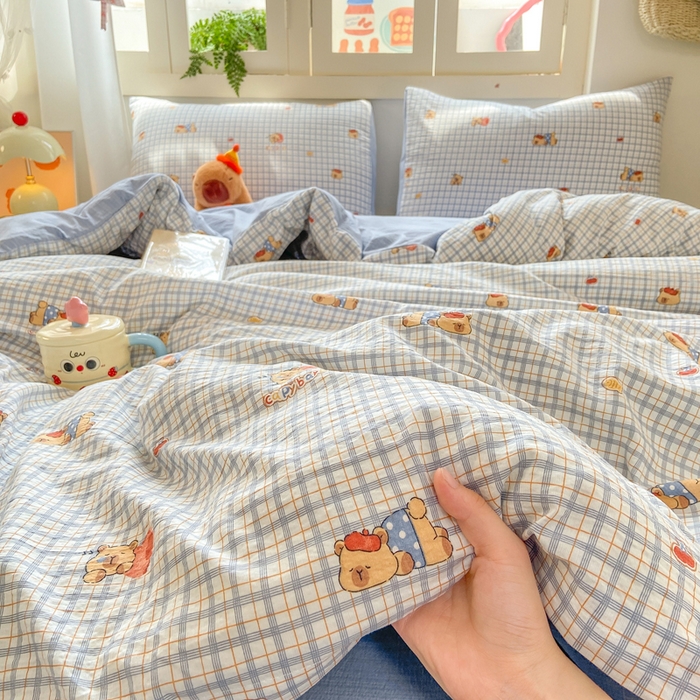 91家纺网 家纺一手货源 找家纺 夜笙家纺 2025秋冬网红爆款110克水洗棉高克重皱皱纱（提供买家秀） 卡皮巴拉-蓝