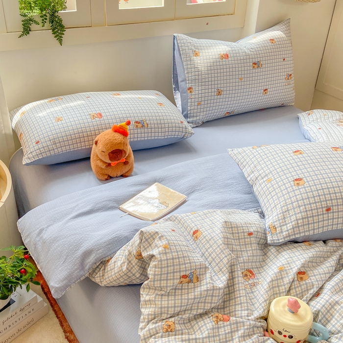 91家纺网 家纺一手货源 找家纺 夜笙家纺 2025秋冬网红爆款110克水洗棉高克重皱皱纱（提供买家秀） 卡皮巴拉-蓝