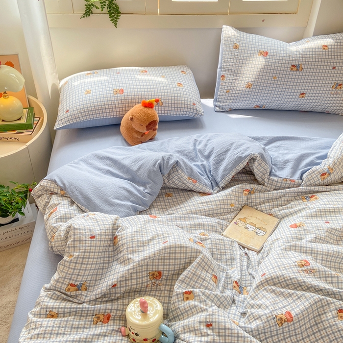 91家纺网 家纺一手货源 找家纺 夜笙家纺 2025秋冬网红爆款110克水洗棉高克重皱皱纱（提供买家秀） 卡皮巴拉-蓝