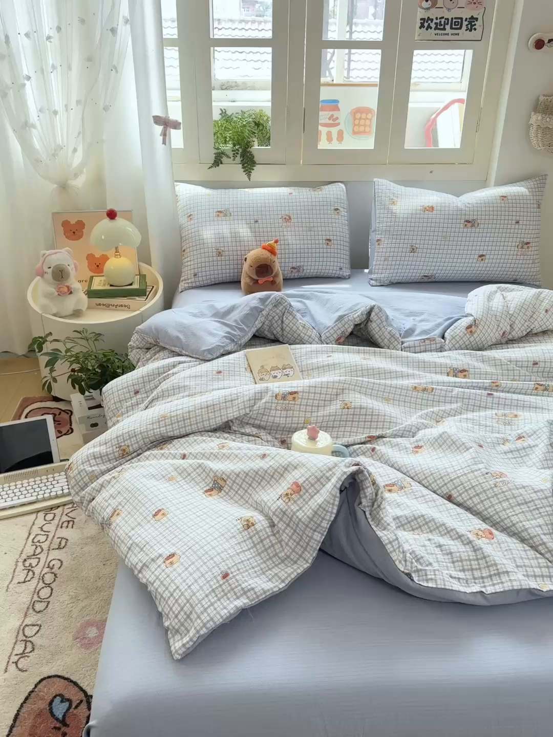 91家纺网 家纺一手货源 找家纺 夜笙家纺 2025秋冬网红爆款110克水洗棉高克重皱皱纱（提供买家秀） 卡皮巴拉-蓝