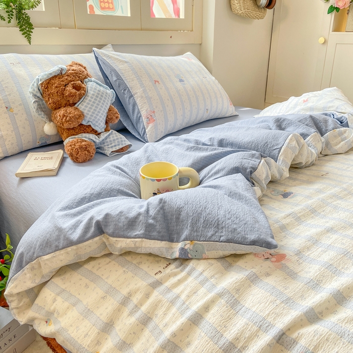 夜笙家纺 2025秋冬网红爆款110克水洗棉高克重皱皱纱（提供买家秀） 魔法小象-蓝