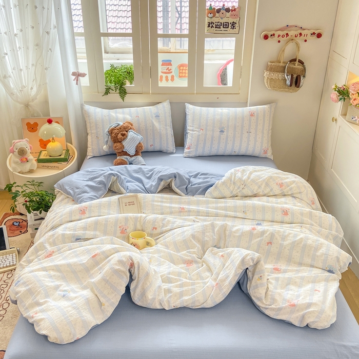 91家纺网 家纺一手货源 找家纺 夜笙家纺 2025秋冬网红爆款110克水洗棉高克重皱皱纱（提供买家秀） 魔法小象-蓝