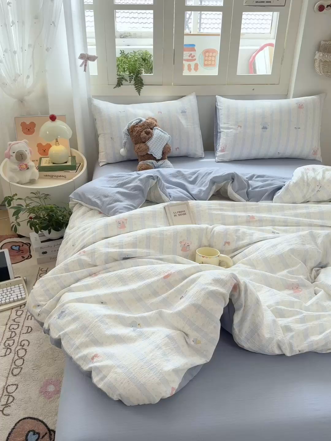 91家纺网 家纺一手货源 找家纺 夜笙家纺 2025秋冬网红爆款110克水洗棉高克重皱皱纱（提供买家秀） 魔法小象-蓝