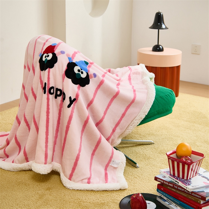 91家纺网 家纺一手货源 找家纺 呗旺鹿 2025新款高克重羊羔绒牛奶绒毛巾绣双层毯 Happy